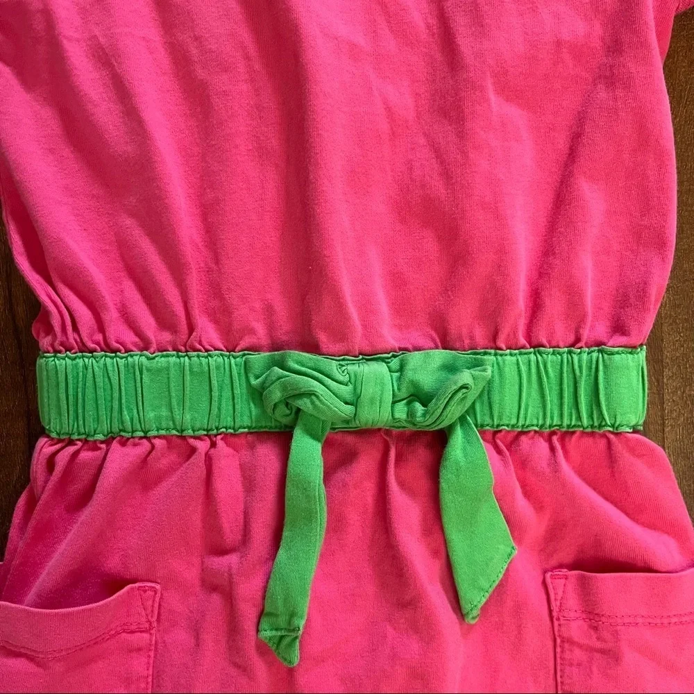 Hanna Andersson girls dress Sz 100/4 cotton pink green pocket bow elastic